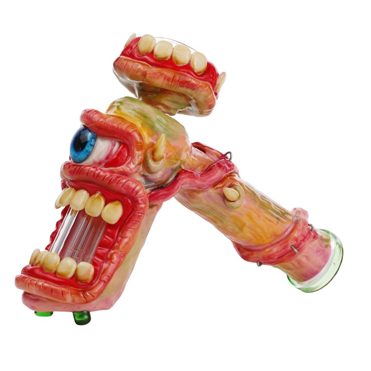 7" Glass Water Pipe With Polymer Clay Monster Design Tan Bong - Supply Natural